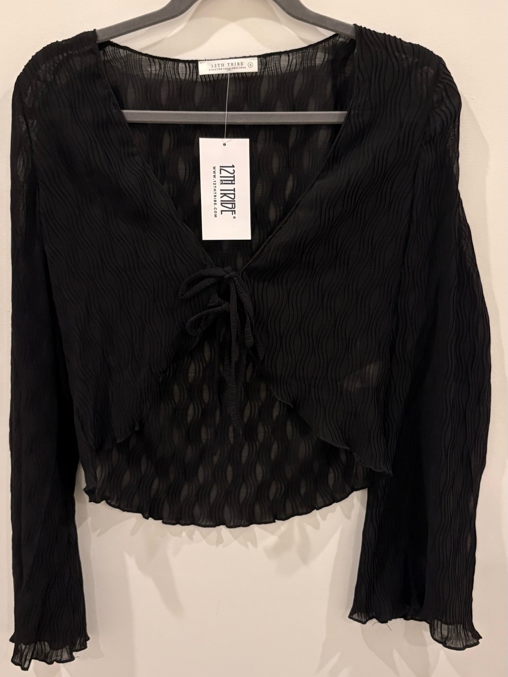 12th Tribe Black Sheer Tie-Front Cropped Blouse